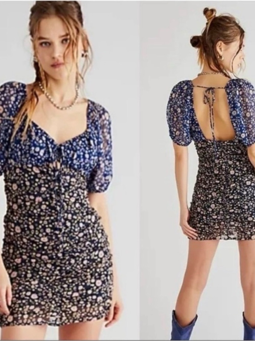 Free People Floral Puff-Sleeve Navy Women’s Ruched Dress Top - Picture 3 of 10